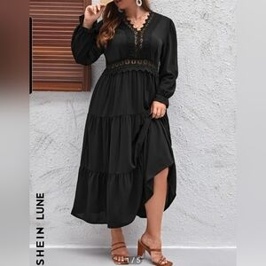 Shein Lune Plus guipure lace insert, layered hem dress, black, size 12(0XL)